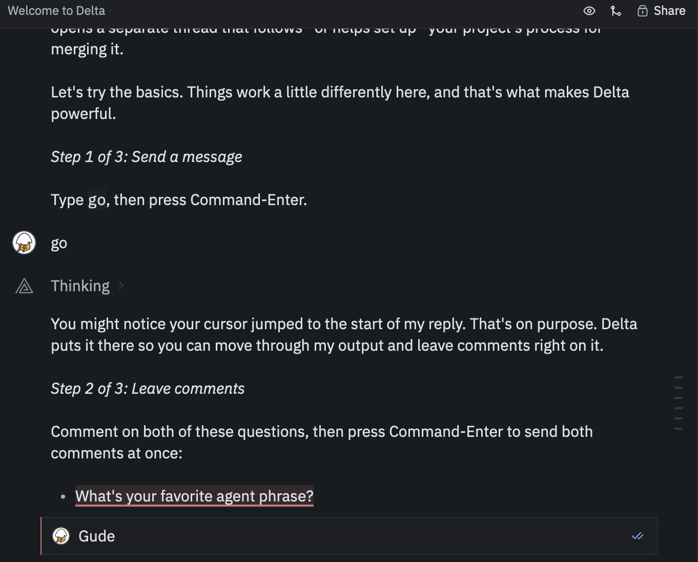 Delta's welcome thread: typing go, then commenting "Gude" on the agent's question
